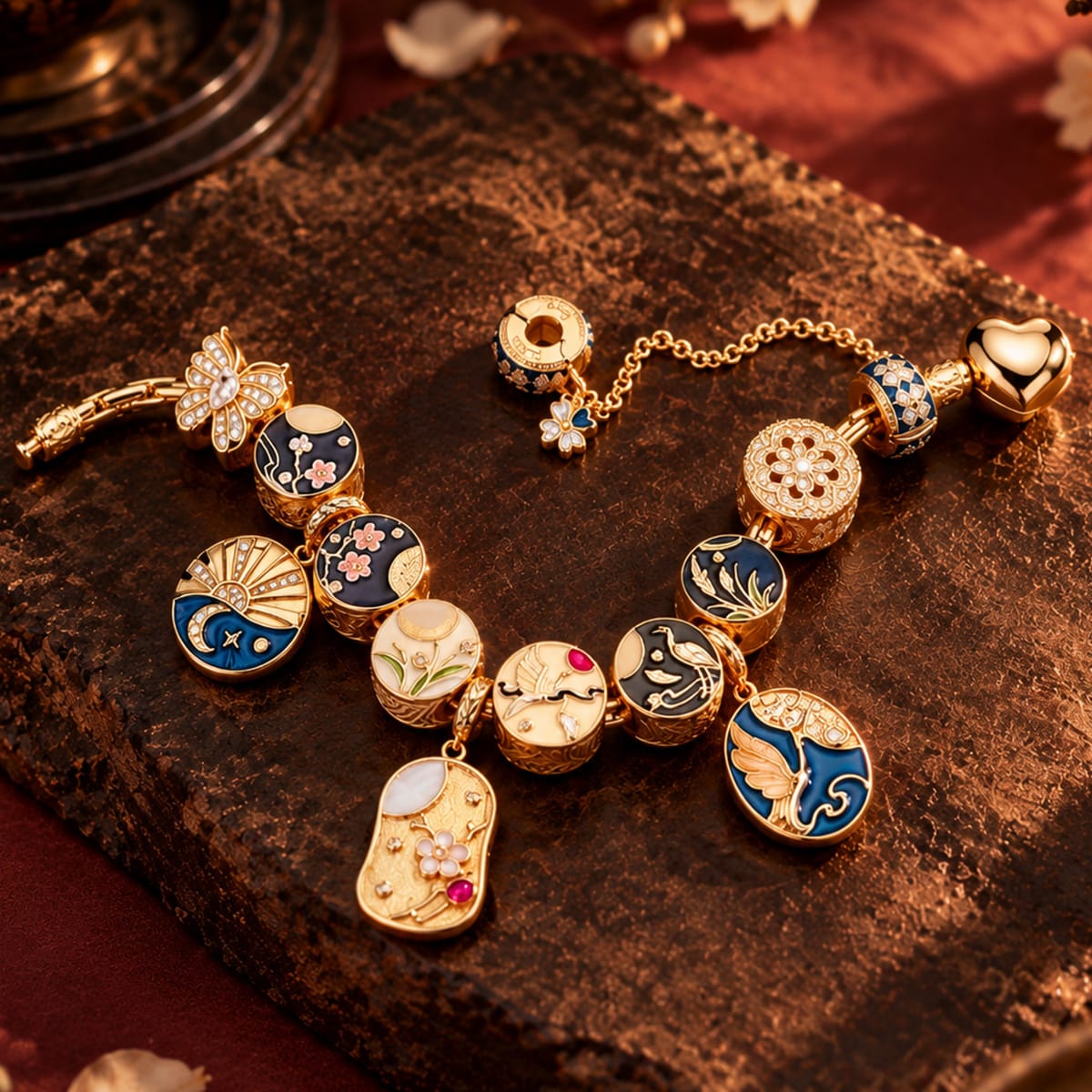 Sterling Silver (S925) JAPONICA REVERIE Moonlit Garden Curated Charm Bracelet Set Featuring Floral, Crane, Cat And Koi Motifs With 14K Gold Plating (Includes Bracelet And All Charms Shown)