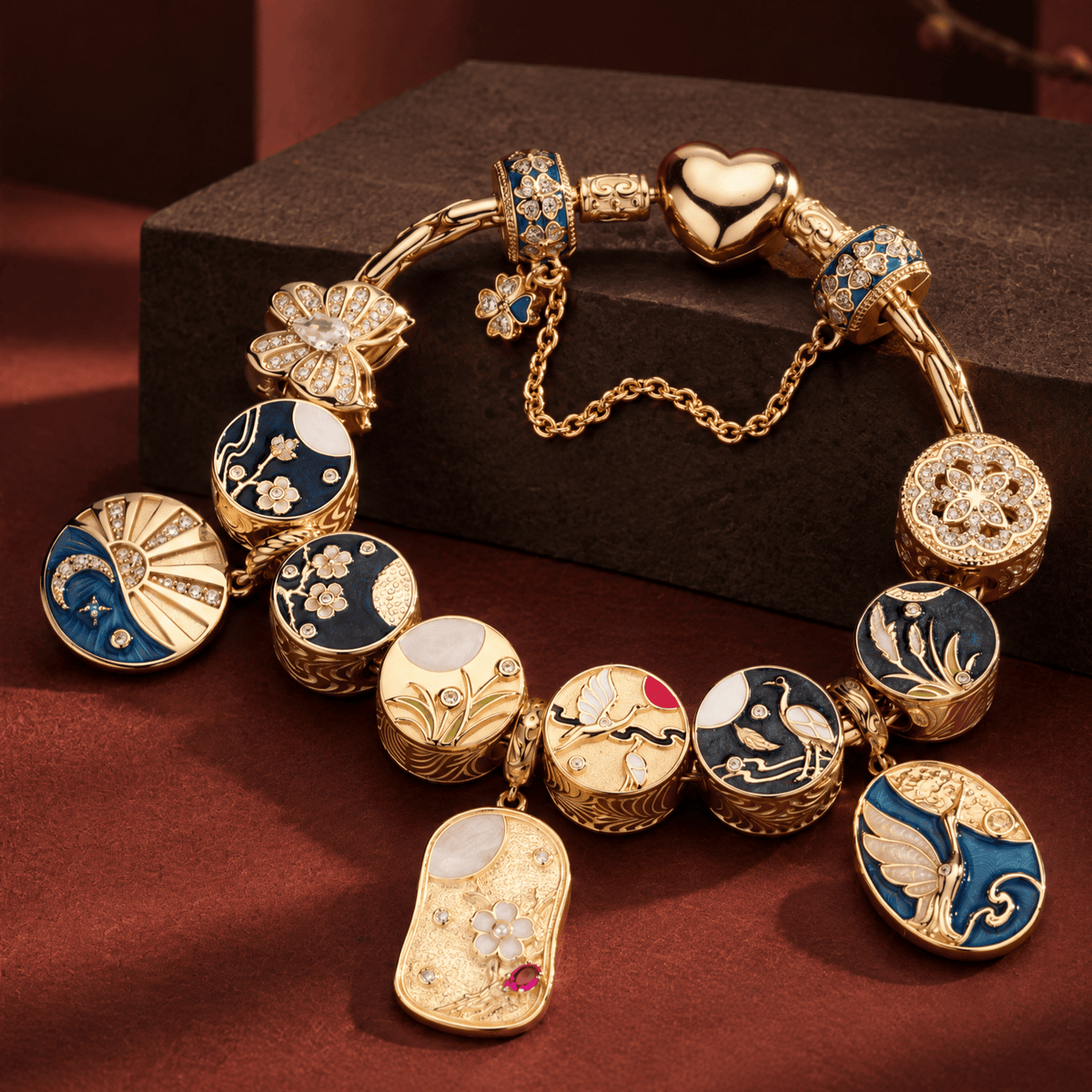 Sterling Silver (S925) JAPONICA REVERIE Moonlit Garden Curated Charm Bracelet Set Featuring Floral, Crane, Cat And Koi Motifs With 14K Gold Plating (Includes Bracelet And All Charms Shown)