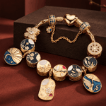 Sterling Silver (S925) JAPONICA REVERIE Moonlit Garden Curated Charm Bracelet Set Featuring Floral, Crane, Cat And Koi Motifs With 14K Gold Plating (Includes Bracelet And All Charms Shown)