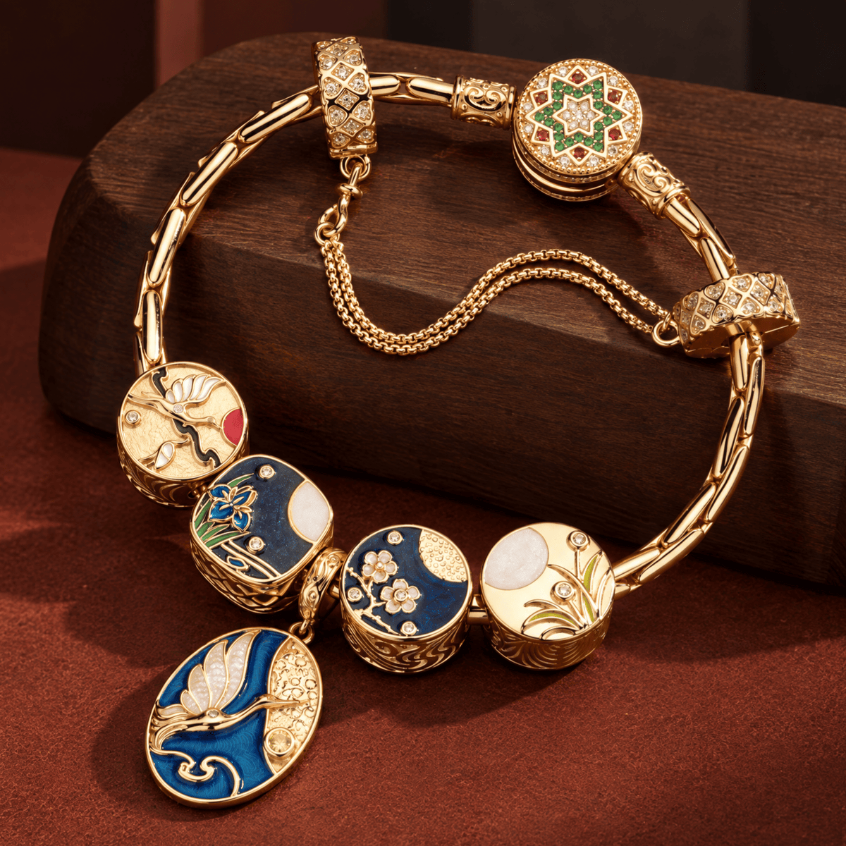 Sterling Silver JAPONICA REVERIE Moonlit Crane Charm Bracelet Set with 14K Gold Plating（Includes bracelet and all charms shown.）
