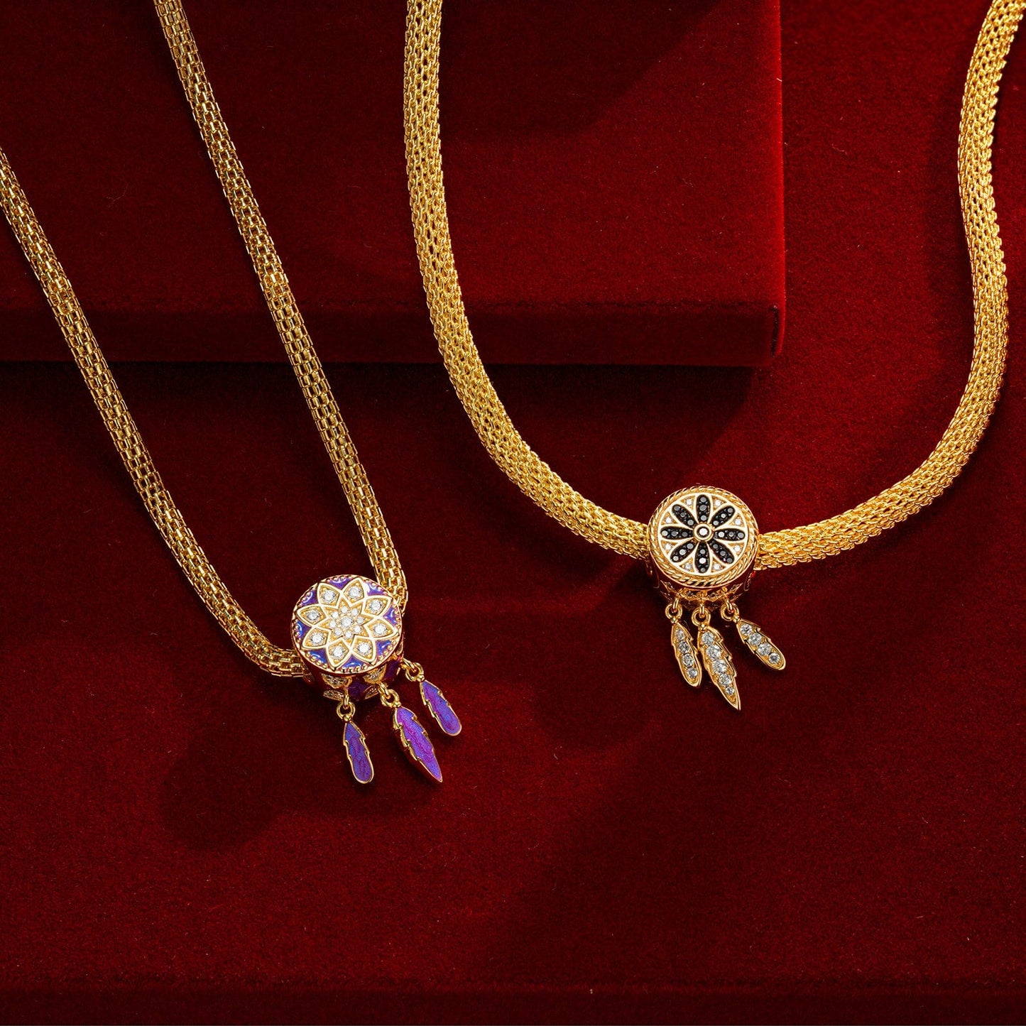 Sterling Silver Dreamcatcher Charm Necklaces Set With Enamel In 14K Gold Plated for Couple