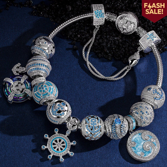 gona- Sterling Silver Sail Across the Swells Charms Bracelet Set With Enamel In White Gold Plated (Includes bracelet and all charms shown)