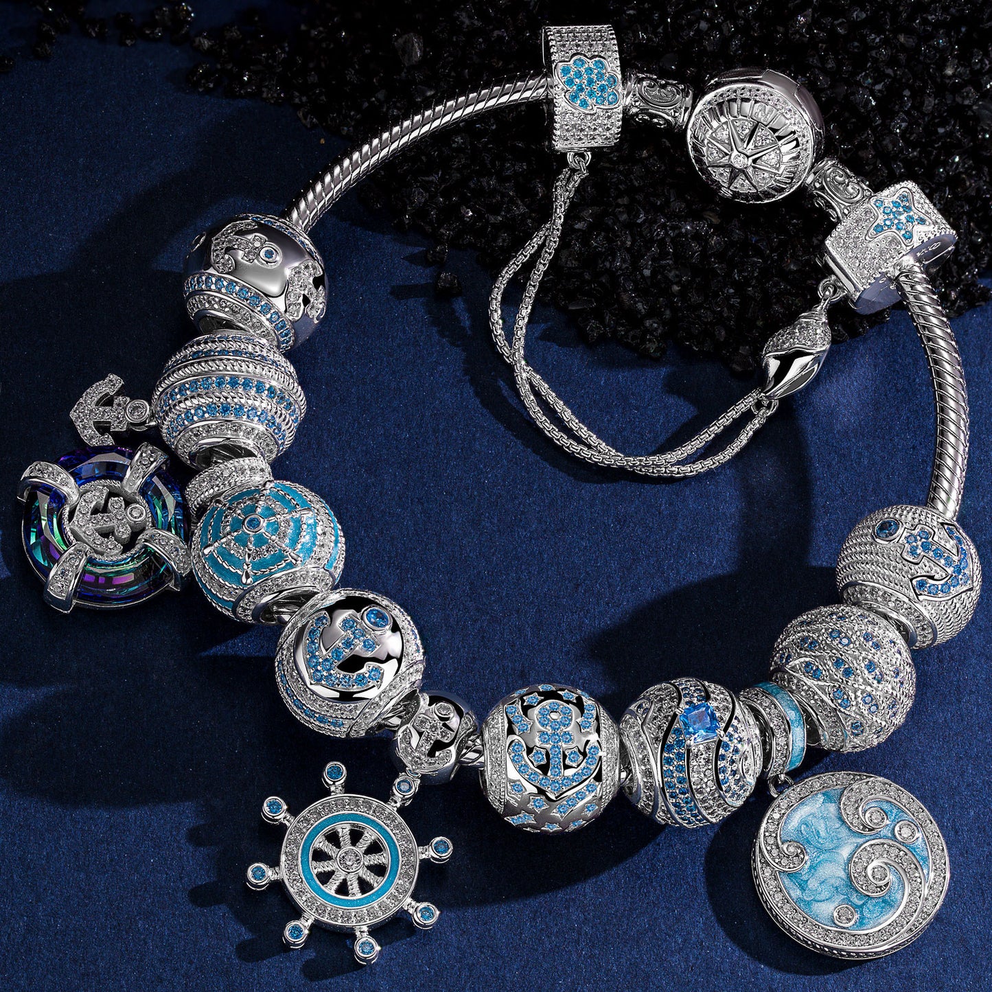 Sterling Silver Sail Across the Swells Charms Bracelet Set With Enamel In White Gold Plated