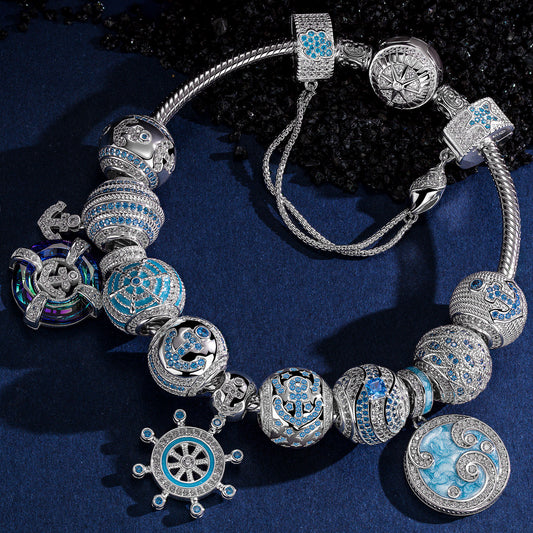 gon- Sterling Silver Sail Across the Swells Charms Bracelet Set With Enamel In White Gold Plated