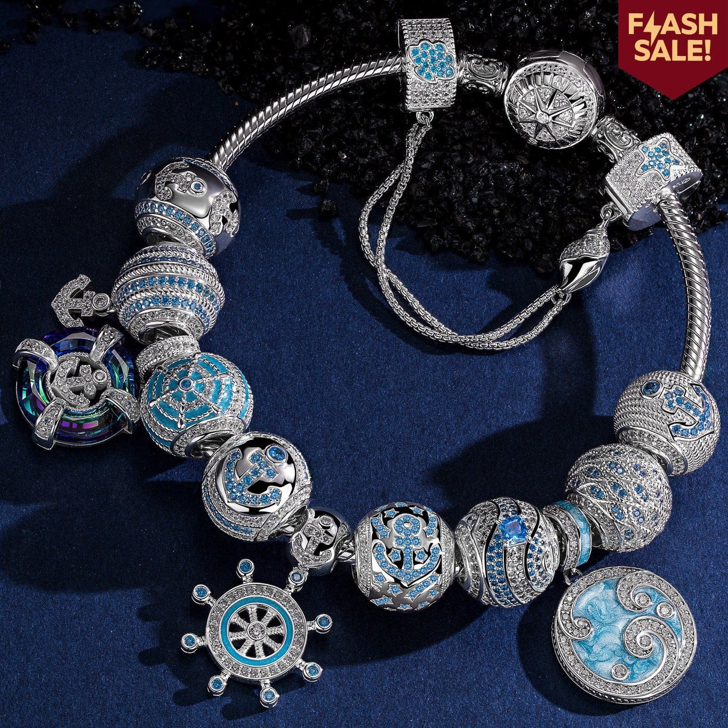 Sterling Silver Sail Across the Swells Charms Bracelet Set With Enamel In White Gold Plated (Includes bracelet and all charms shown)