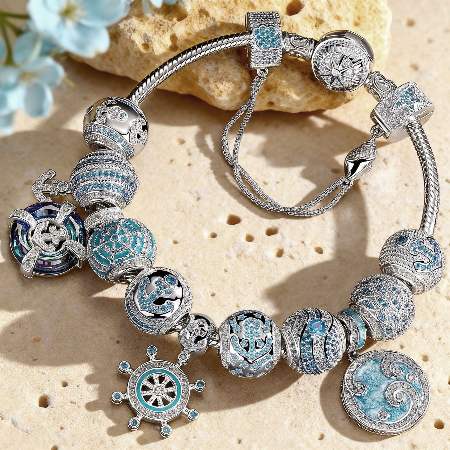 Sterling Silver Sail Across the Swells Charms Bracelet Set With Enamel In White Gold Plated (Includes bracelet and all charms shown)