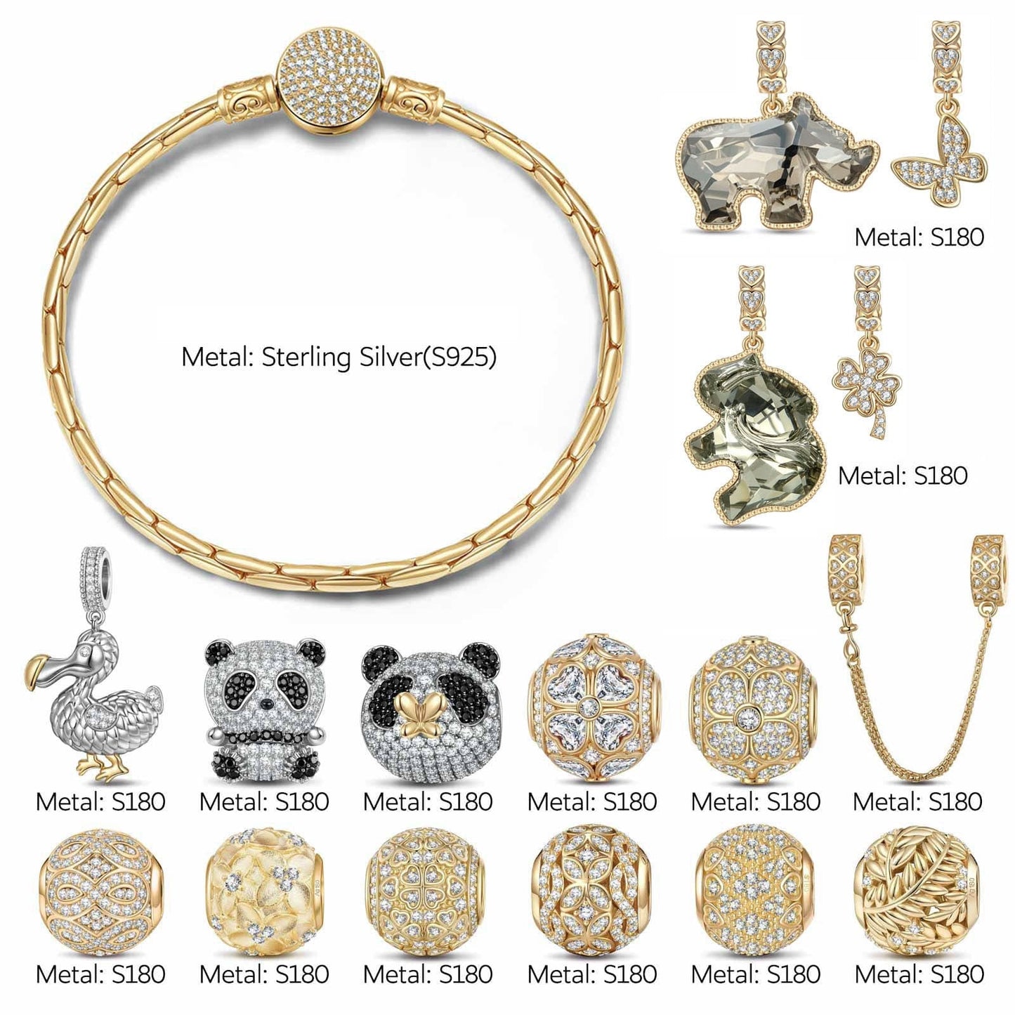 Sterling Silver Wilderness Treasures Charms Bracelet Set with Crystal from Swarovski, Featuring Dual Plating in 14K Gold and White Gold (Includes bracelet and all charms shown)