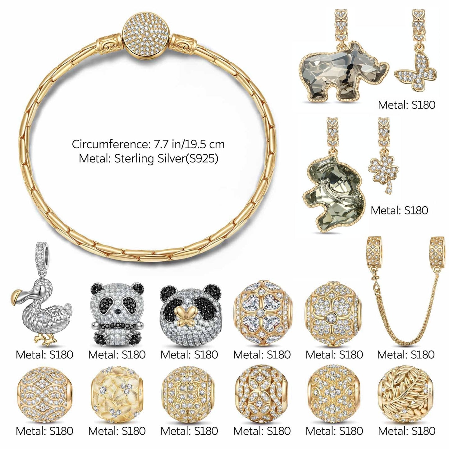 Sterling Silver Wilderness Treasures Charms Bracelet Set with Crystal from Swarovski, Featuring Dual Plating in 14K Gold and White Gold (Includes bracelet and all charms shown)