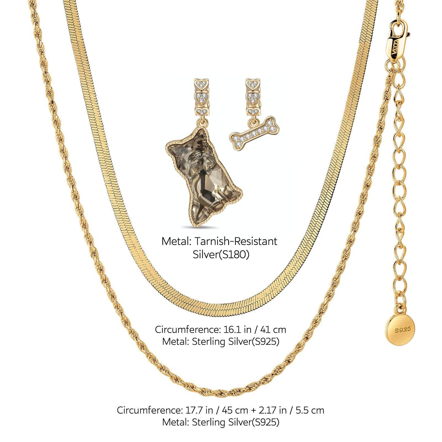 Sterling Silver Yorkie Love Charms Necklace Set with Crystal from Swarovski In 14K Gold Plated