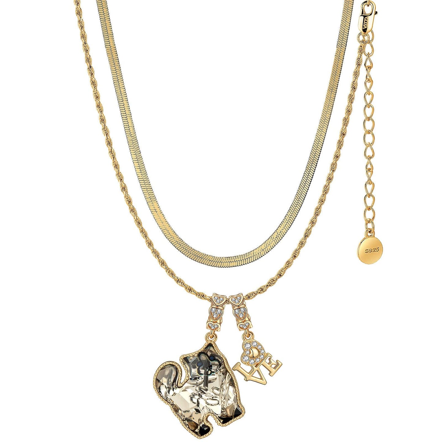 Sterling Silver Feline Elegance Charms Necklace Set with Crystal from Swarovski In 14K Gold Plated