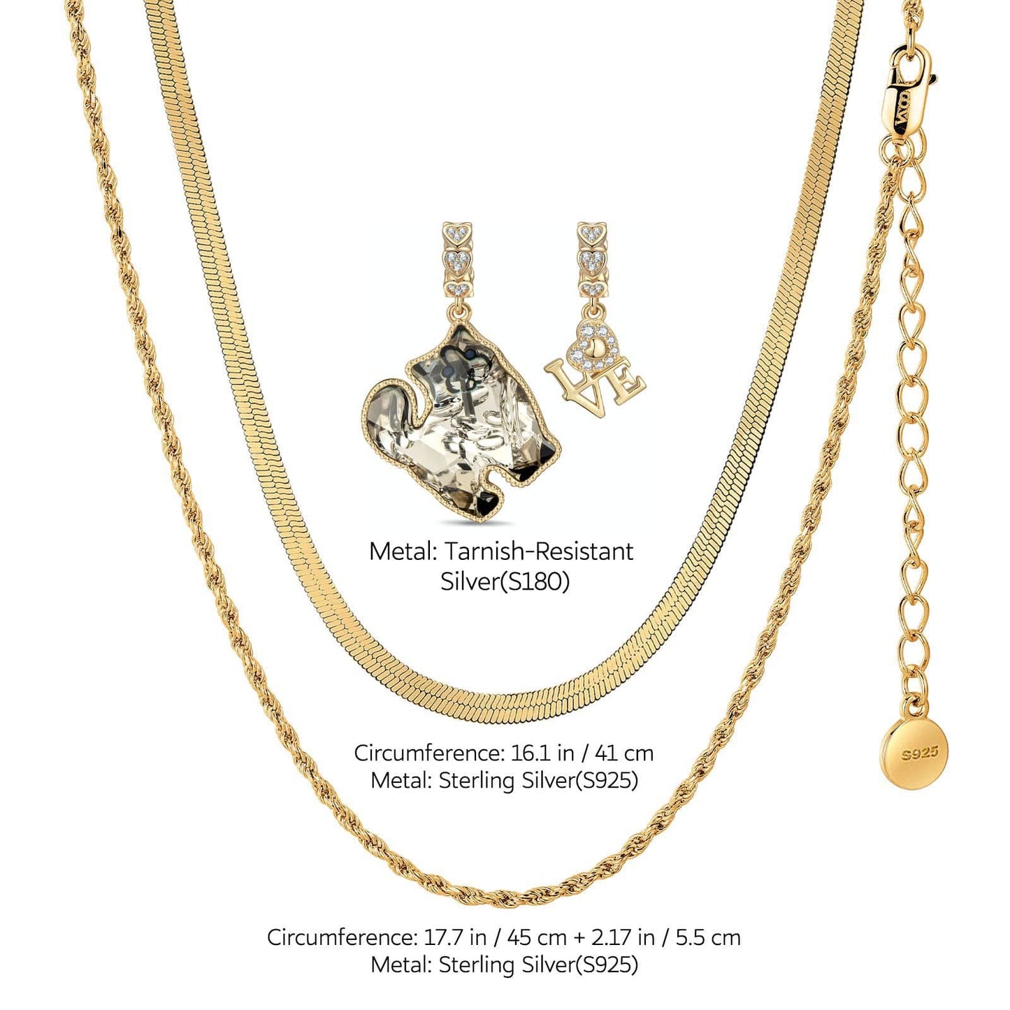 Sterling Silver Feline Elegance Charms Necklace Set with Crystal from Swarovski In 14K Gold Plated