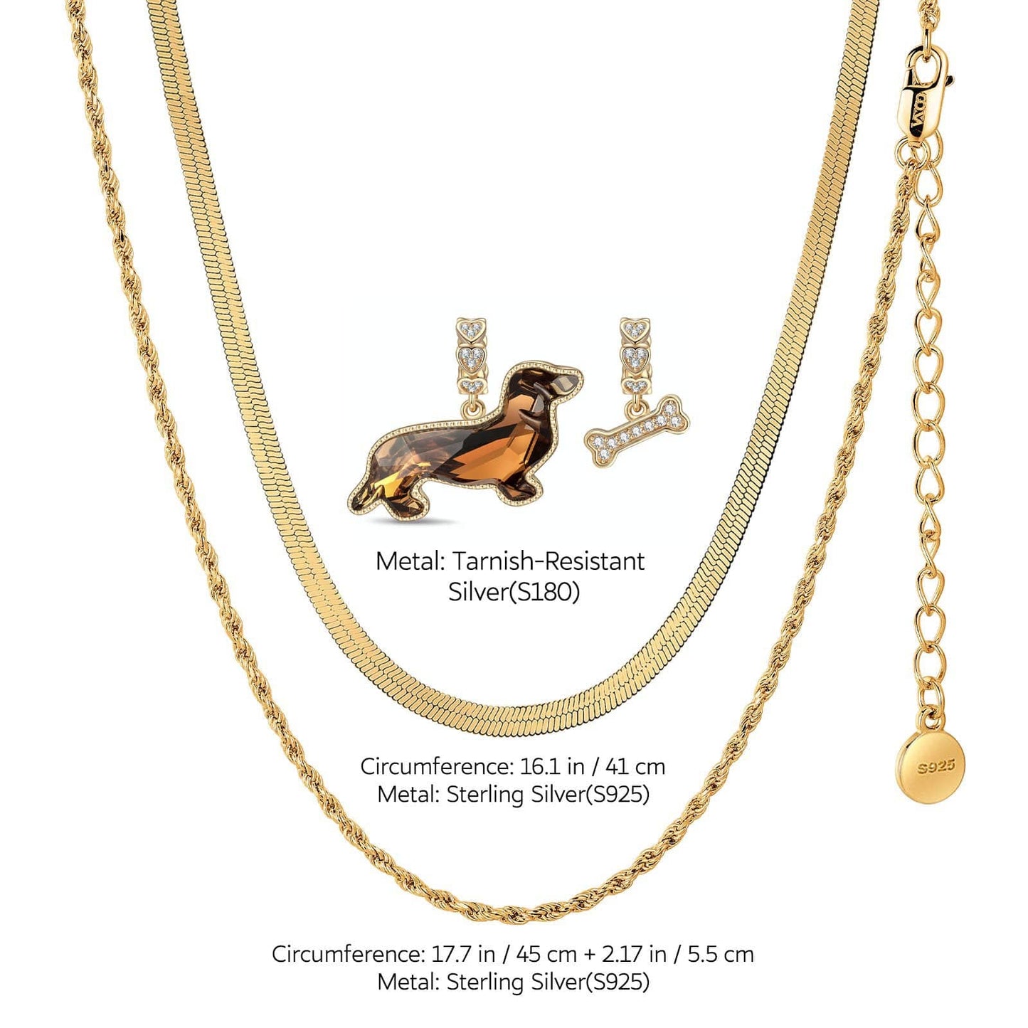 Sterling Silver Puppy Parade Charms Necklace Set with Crystal from Swarovski In 14K Gold Plated