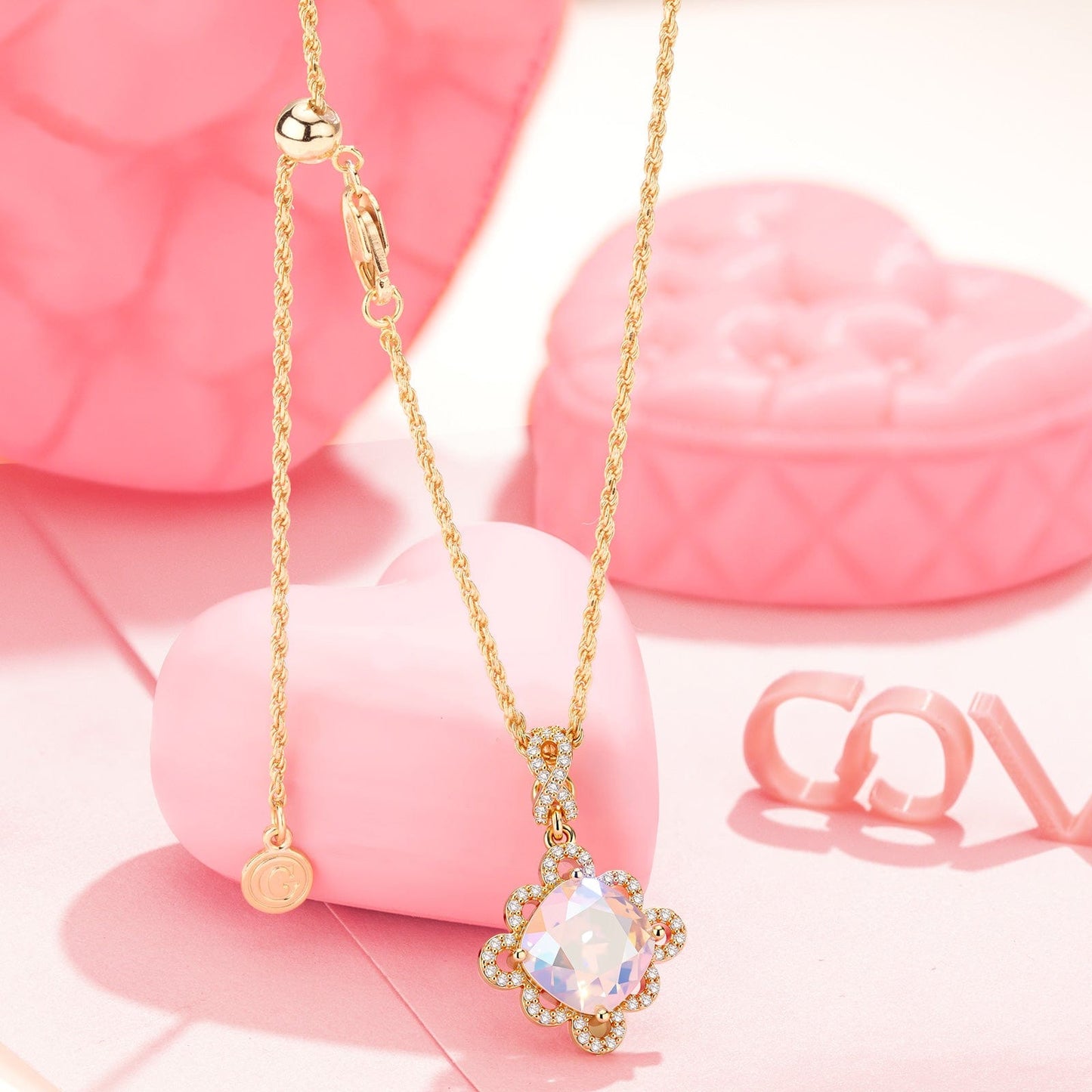 Sterling Silver Adjustable Rope Chain Necklace with Slider Clasp Tender Rose Charms Necklace Set In 14K Gold Plated