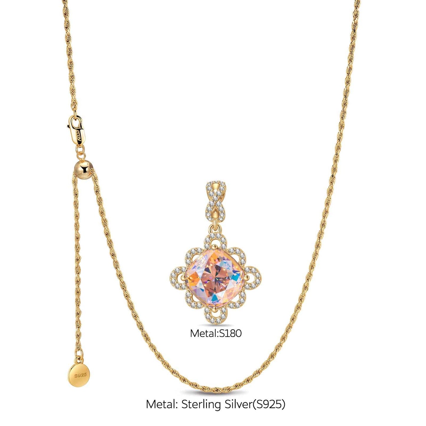 Sterling Silver Adjustable Rope Chain Necklace with Slider Clasp Tender Rose Charms Necklace Set In 14K Gold Plated