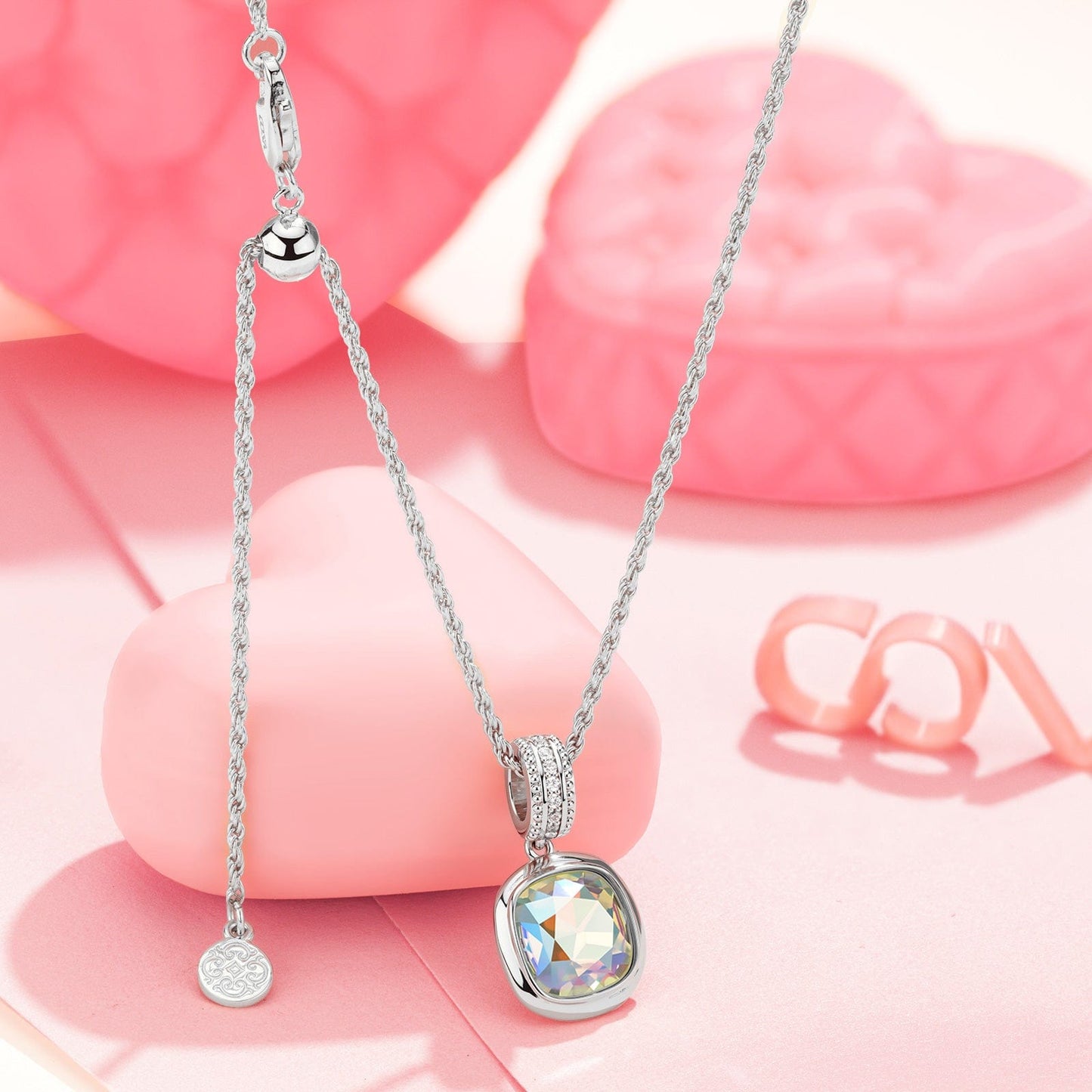 Sterling Silver Adjustable Rope Chain Necklace with Slider Clasp Concinnity Brilliance Charms Necklace Set In White Gold Plated