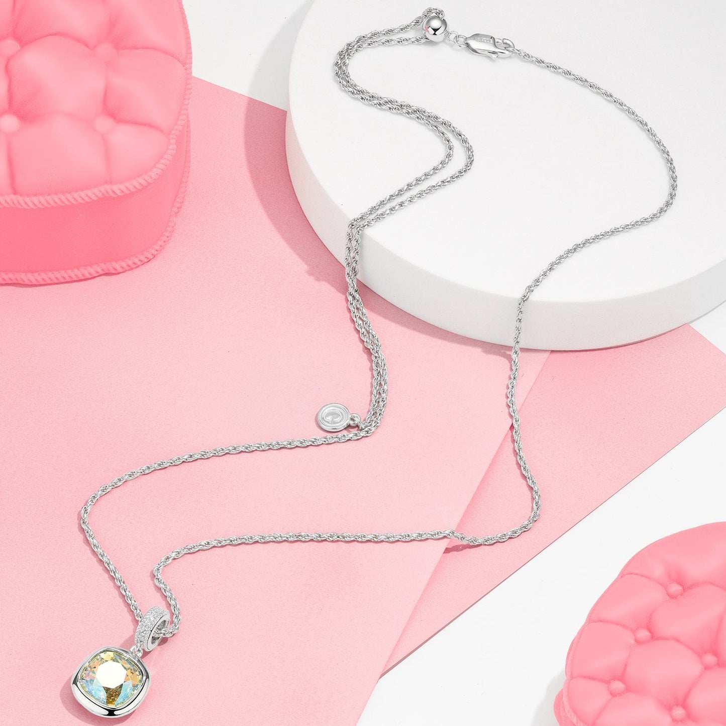 Sterling Silver Adjustable Rope Chain Necklace with Slider Clasp Concinnity Brilliance Charms Necklace Set In White Gold Plated
