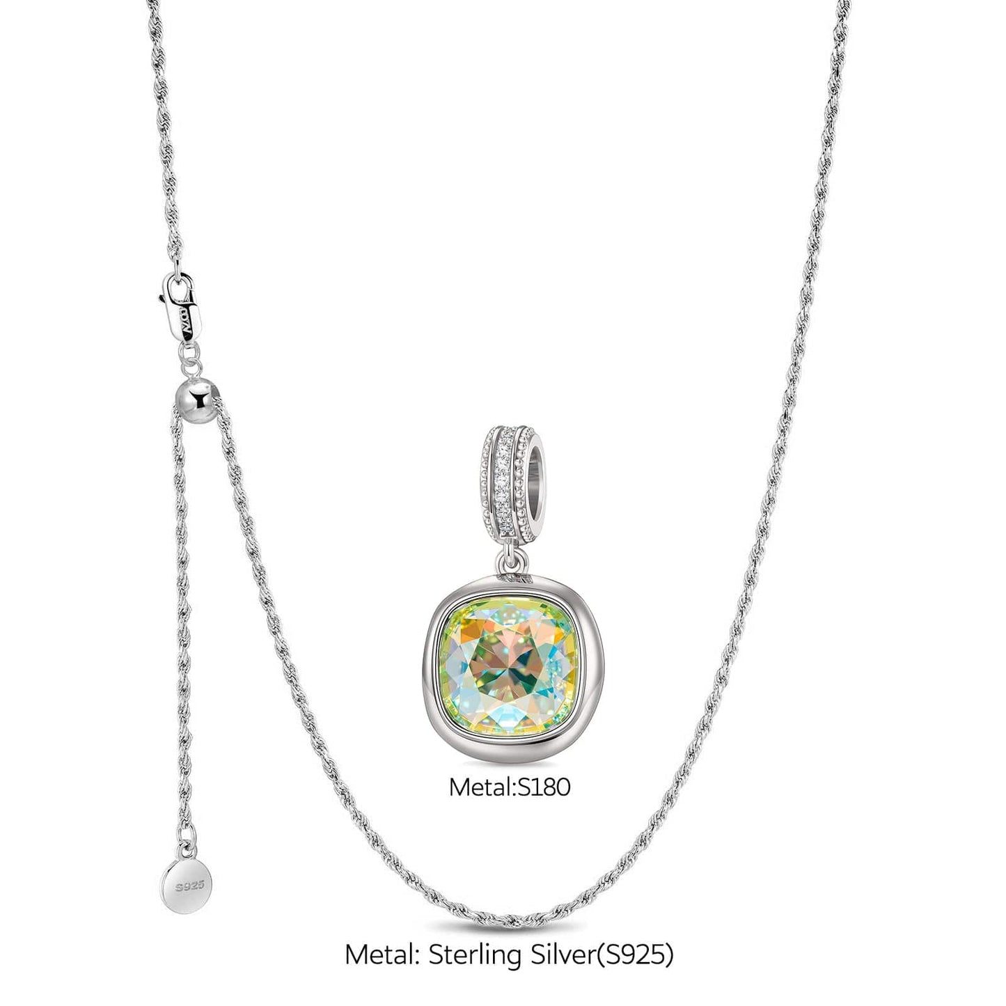 Sterling Silver Adjustable Rope Chain Necklace with Slider Clasp Concinnity Brilliance Charms Necklace Set In White Gold Plated
