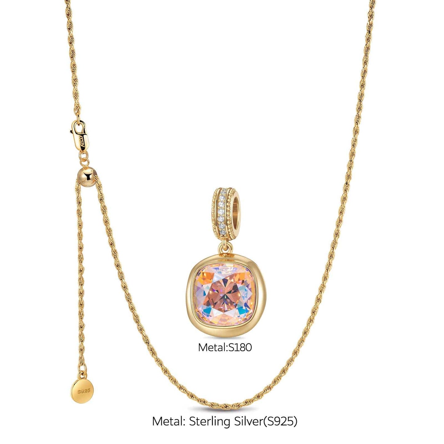 Sterling Silver Adjustable Rope Chain Necklace with Slider Clasp Concinnity Brilliance Charms Necklace Set In 14K Gold Plated