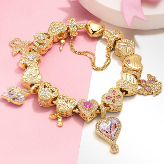 gona- Sterling Silver Rose Heart Whispers Charms Bracelet Set In 14K Gold Plated (Includes bracelet and all charms shown)