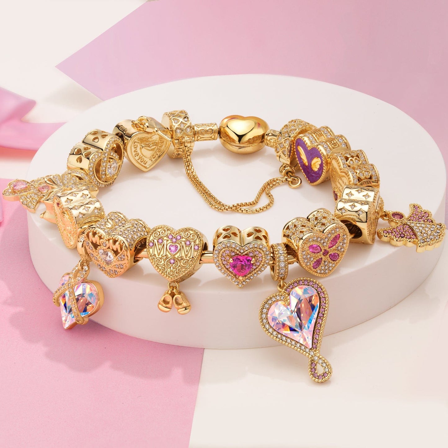 Sterling Silver Rose Heart Whispers Charms Bracelet Set In 14K Gold Plated (Includes bracelet and all charms shown)