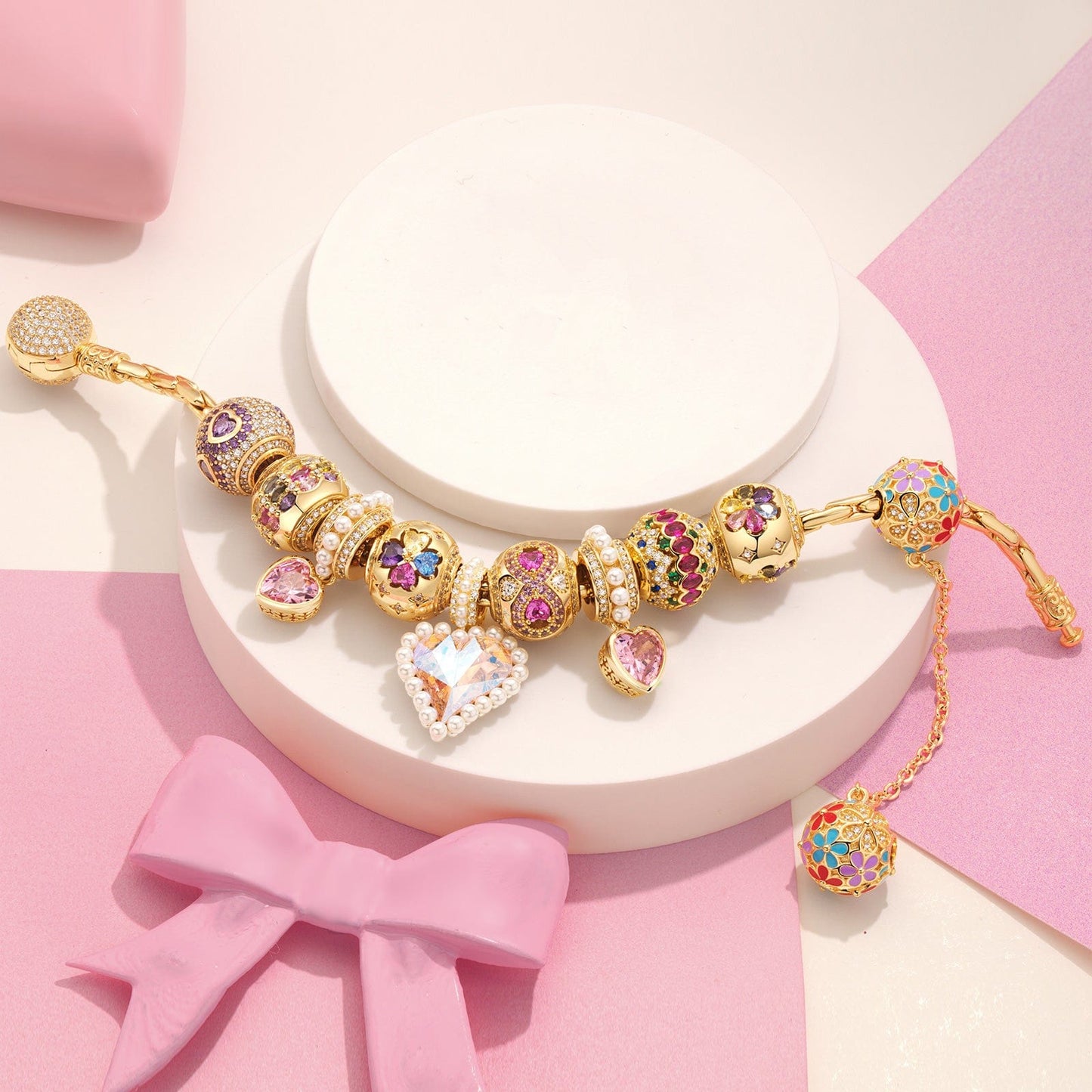 Sterling Silver Melodies of Love Charms Bracelet Set In 14K Gold Plated (Includes bracelet and all charms shown)