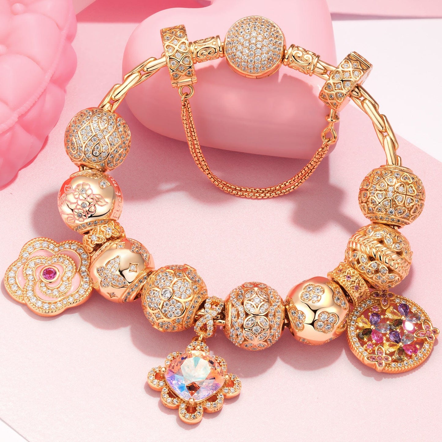 Sterling Silver Burst Into Bloom Charms Bracelet Set With Enamel In 14K Gold Plated (Includes bracelet and all charms shown)