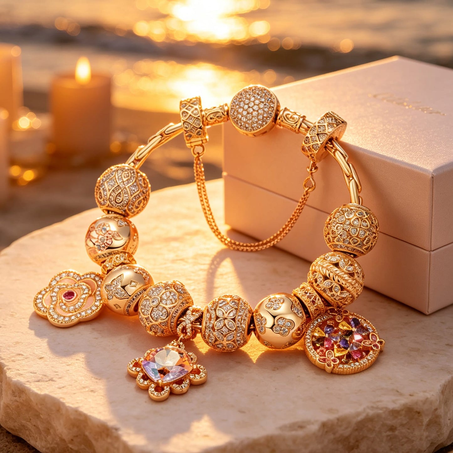 Sterling Silver Burst Into Bloom Charms Bracelet Set With Enamel In 14K Gold Plated (Includes bracelet and all charms shown)