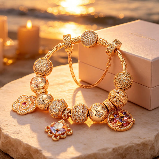 gona- Sterling Silver Burst Into Bloom Charms Bracelet Set With Enamel In 14K Gold Plated (Includes bracelet and all charms shown)