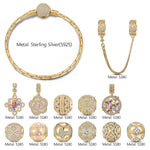 Sterling Silver Burst Into Bloom Charms Bracelet Set With Enamel In 14K Gold Plated (Includes bracelet and all charms shown)