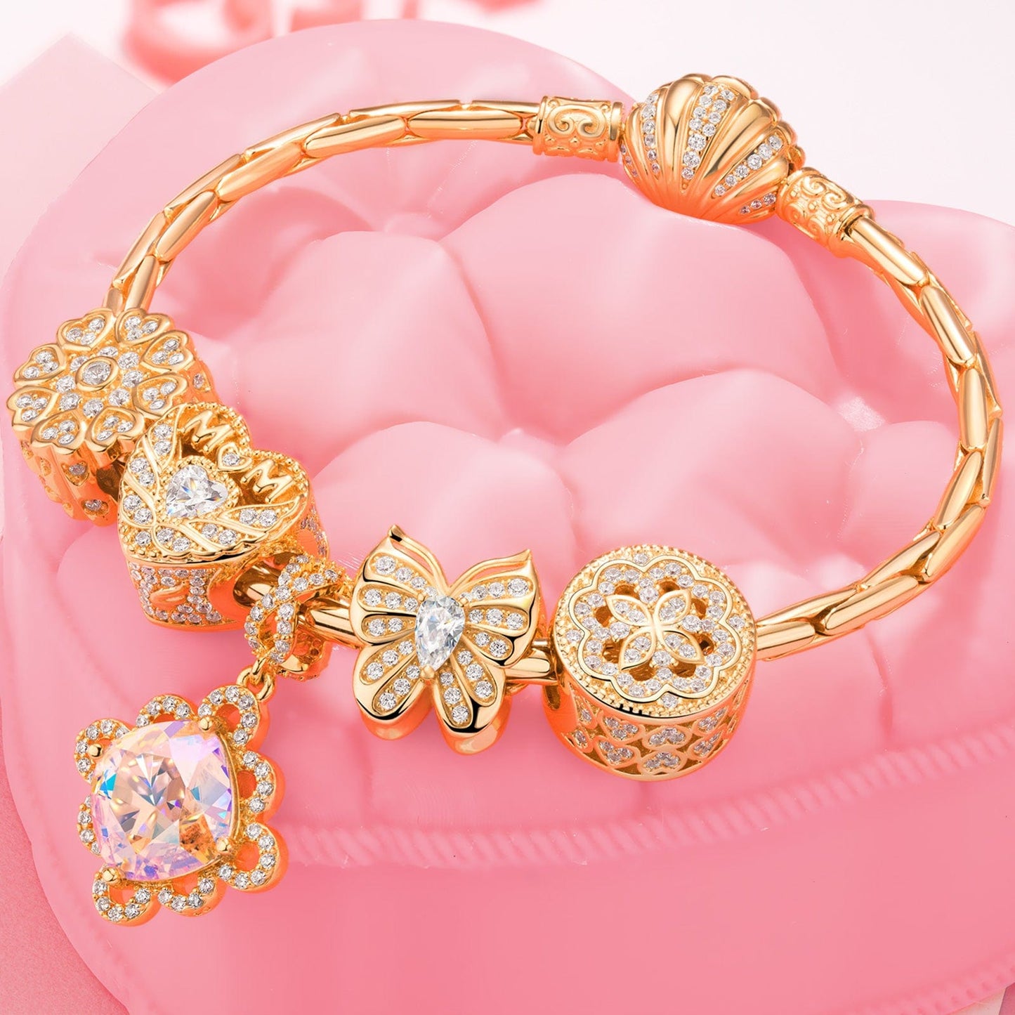 Sterling Silver Rosy Garden Charms Bracelet Set In 14K Gold Plated (Includes bracelet and all charms shown)
