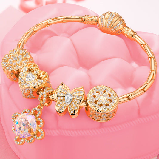 gona- Sterling Silver Rosy Garden Charms Bracelet Set In 14K Gold Plated (Includes bracelet and all charms shown)