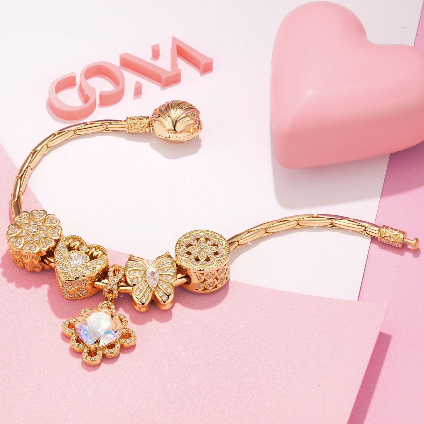 Sterling Silver Rosy Garden Charms Bracelet Set In 14K Gold Plated (Includes bracelet and all charms shown)