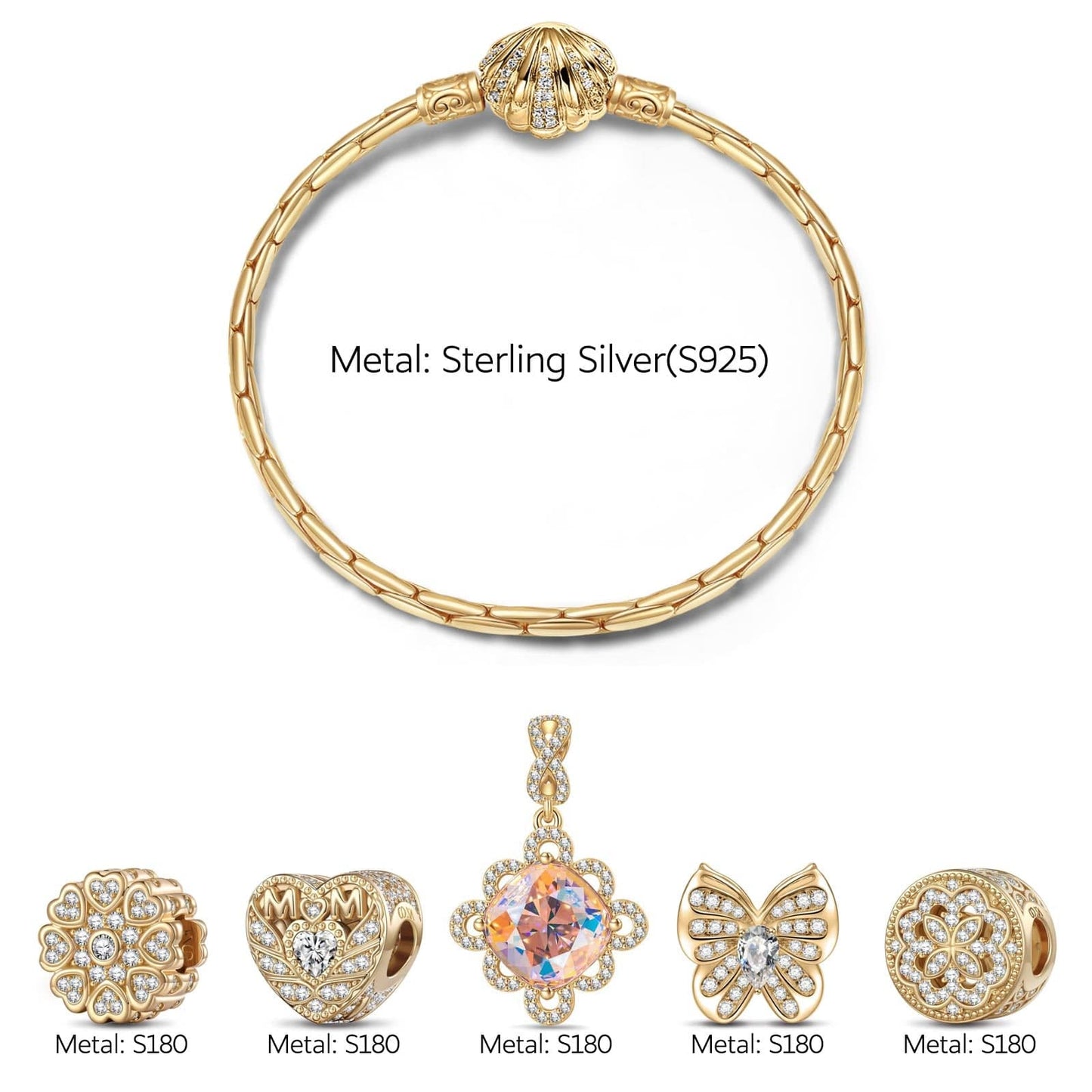 Sterling Silver Rosy Garden Charms Bracelet Set In 14K Gold Plated (Includes bracelet and all charms shown)