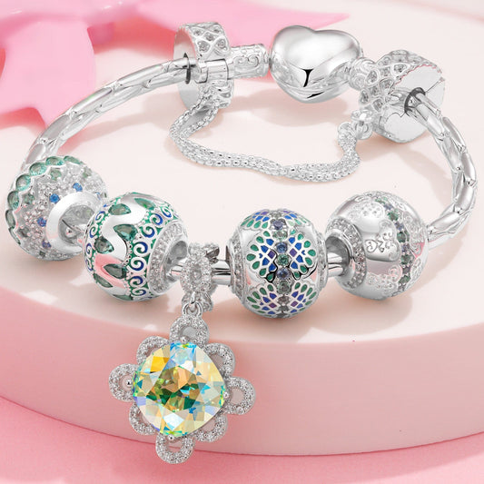 gona- Sterling Silver Twirling in Time Charms Bracelet Set With Enamel In White Gold Plated (Includes bracelet and all charms shown)