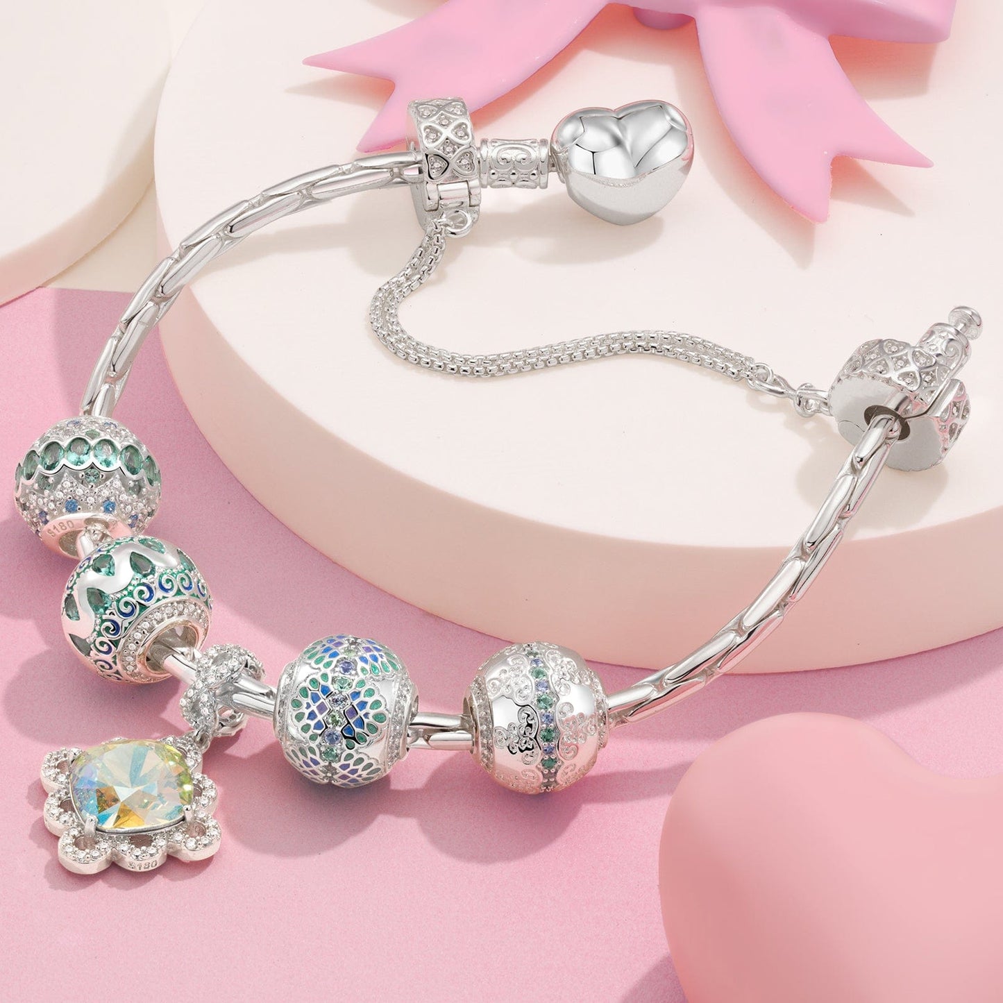 Sterling Silver Twirling in Time Charms Bracelet Set With Enamel In White Gold Plated (Includes bracelet and all charms shown)