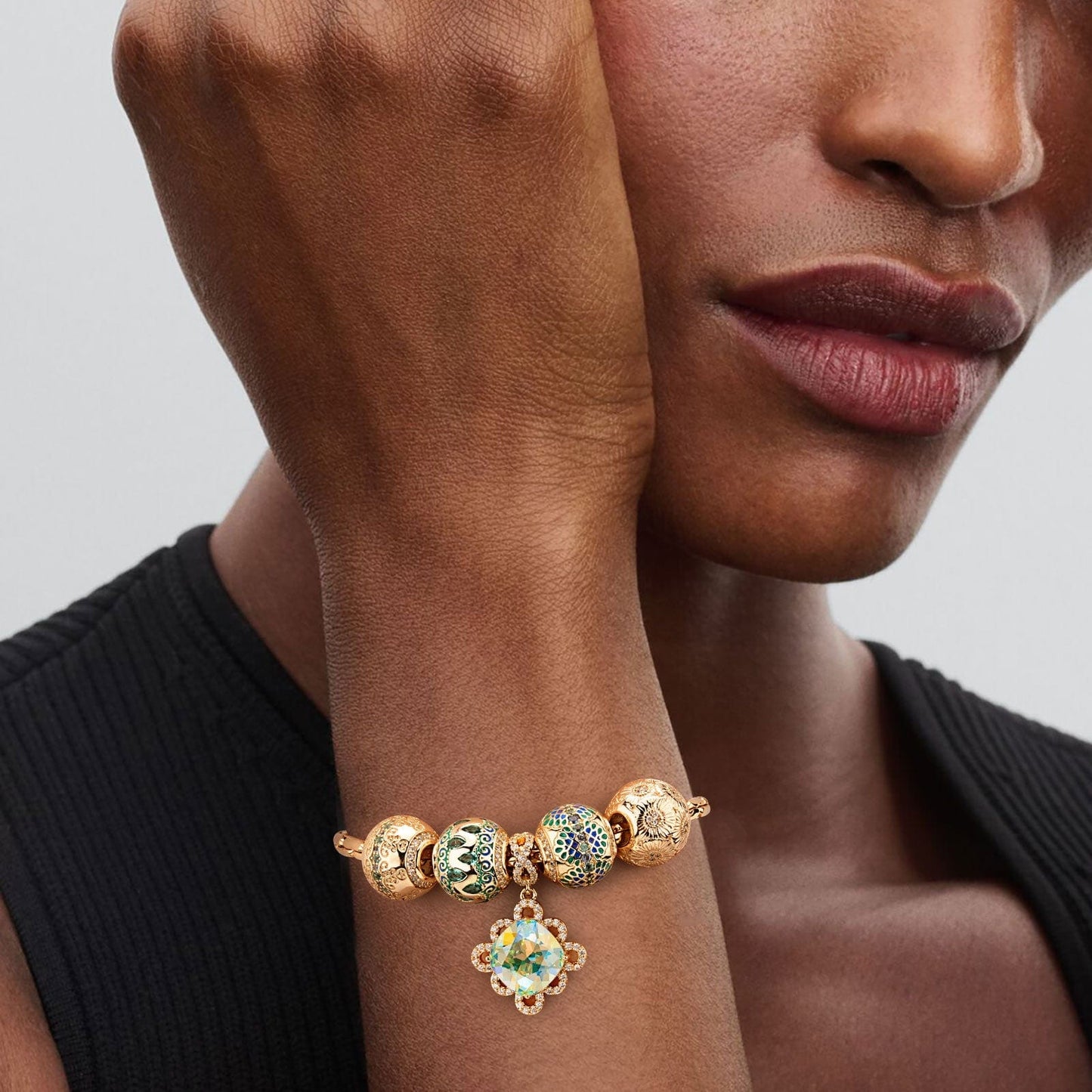 Sterling Silver Twirling in Time Charms Bracelet Set With Enamel In 14K Gold Plated (Includes bracelet and all charms shown)