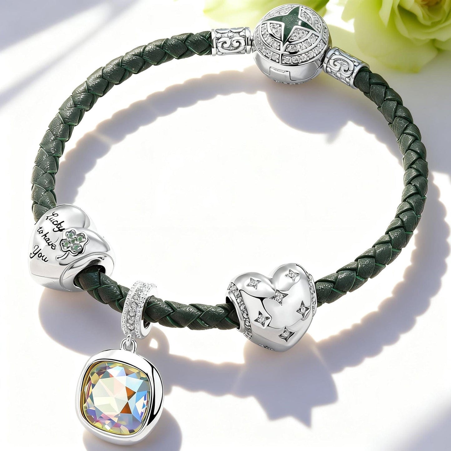 Sterling Silver Love's Embrace Charms Bracelet Set In White Gold Plated (Includes bracelet and all charms shown)