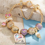 Sterling Silver June's Luminescence Birthday Stone Charms Bracelet Set In 14K Gold Plated (Includes bracelet and all charms shown)