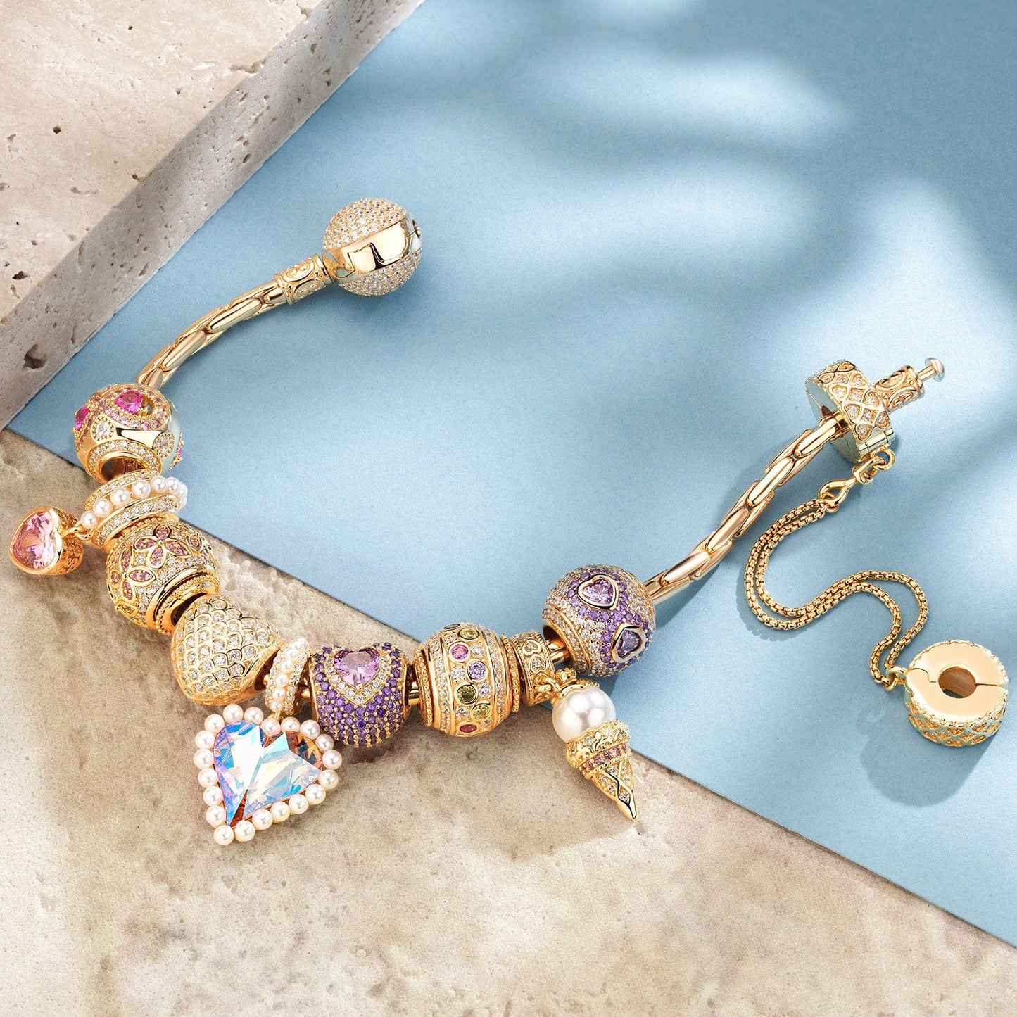 Sterling Silver June's Luminescence Birthday Stone Charms Bracelet Set In 14K Gold Plated (Includes bracelet and all charms shown)