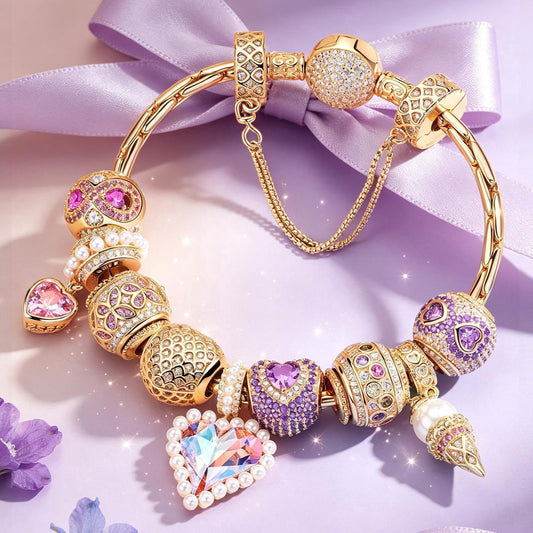 gona- Sterling Silver June's Luminescence Birthday Stone Charms Bracelet Set In 14K Gold Plated (Includes bracelet and all charms shown)