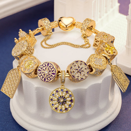 gona- Sterling Silver Four-leaf Clover Painting Charms Bracelet Set With Enamel In 14K Gold Plated (Includes bracelet and all charms shown)