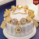 Sterling Silver Four-leaf Clover Painting Charms Bracelet Set With Enamel In 14K Gold Plated (Includes bracelet and all charms shown)