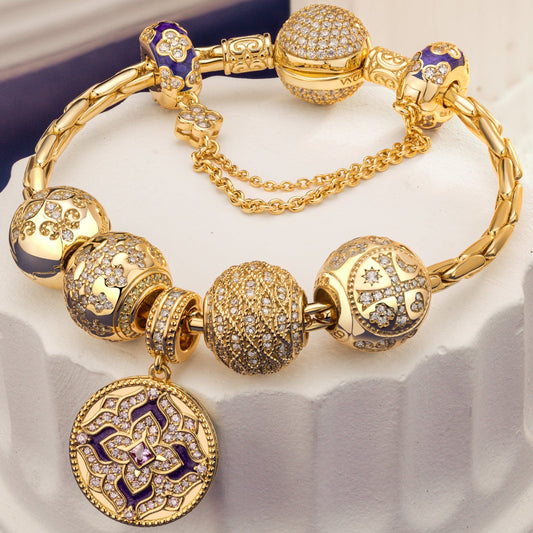 gona- Sterling Silver Rotating Clover Charms Bracelet Set With Enamel In 14K Gold Plated (Includes bracelet and all charms shown)