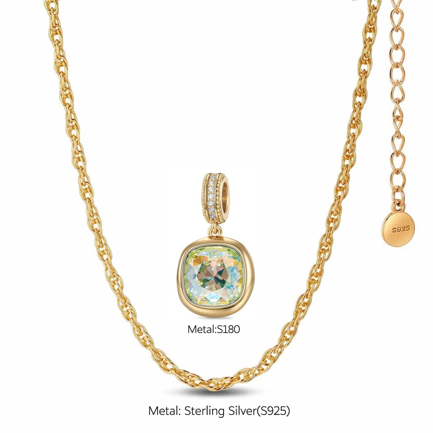 Sterling Silver Adjustable Rope Chain Necklace with Slider Clasp Concinnity Brilliance Charms Necklace Set In 14K Gold Plated - Created With SWAROVSKI® Crystals