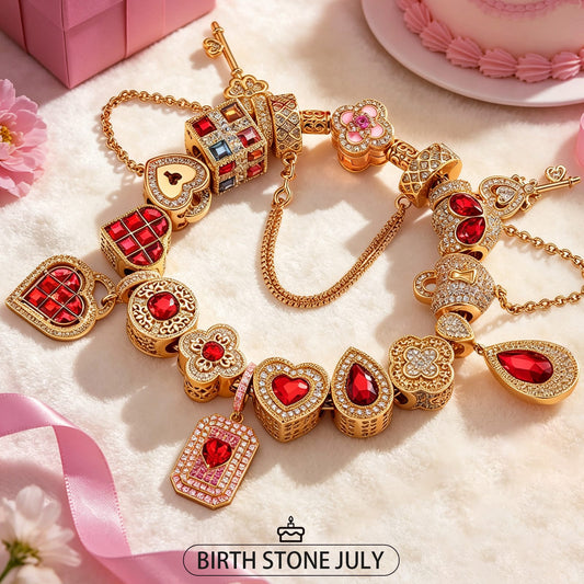 gona- Sterling Silver Love's Symphony Charms Bracelet Set In 14K Gold Plated - Handcrafted with Swarovski® Crystals (Includes bracelet and all charms shown)