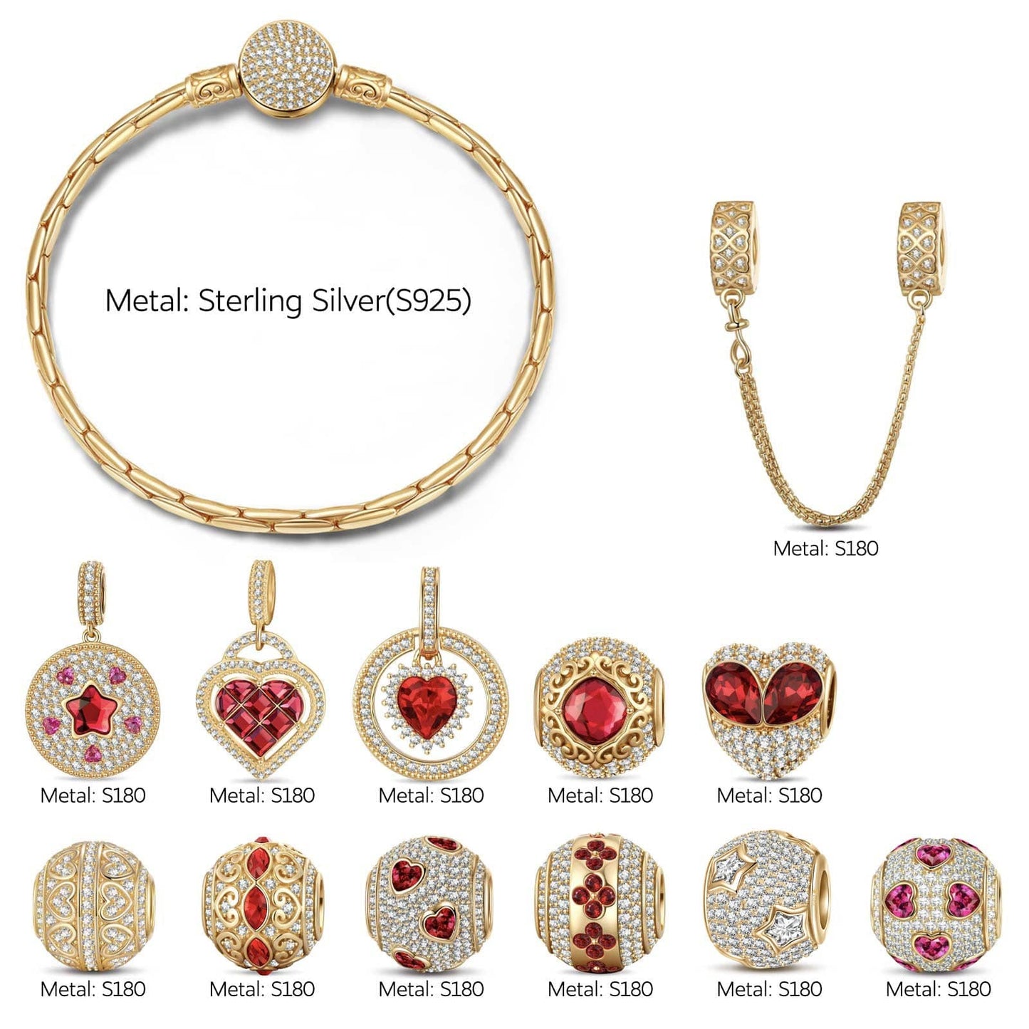 Sterling Silver Love Unleashed Charms Bracelet Set In 14K Gold Plated - Handcrafted with Swarovski® Crystals (Includes bracelet and all charms shown)
