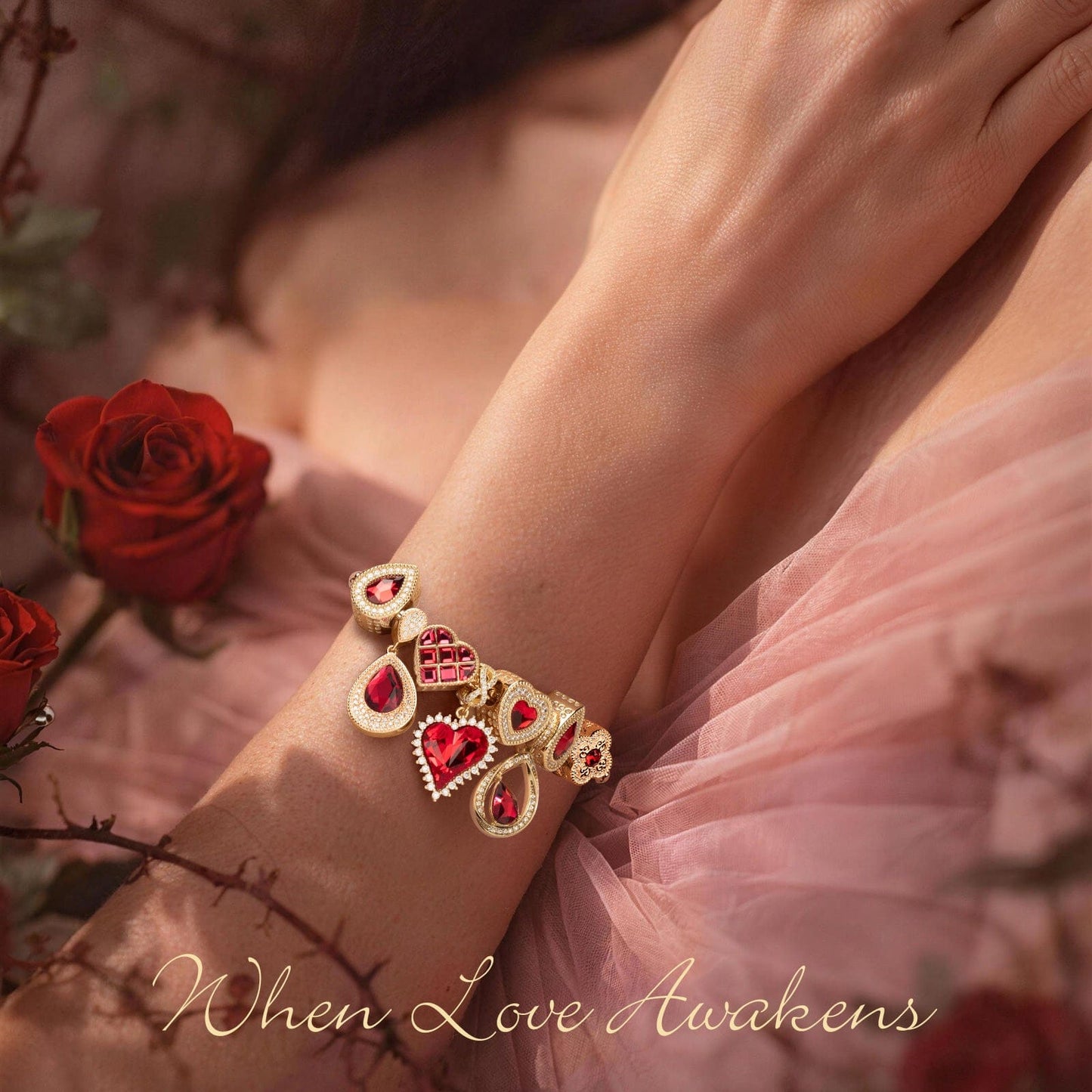 Sterling Silver Cherished Moments Charms Bracelet Set In 14K Gold Plated - Handcrafted with Swarovski® Crystals (Includes bracelet and all charms shown)