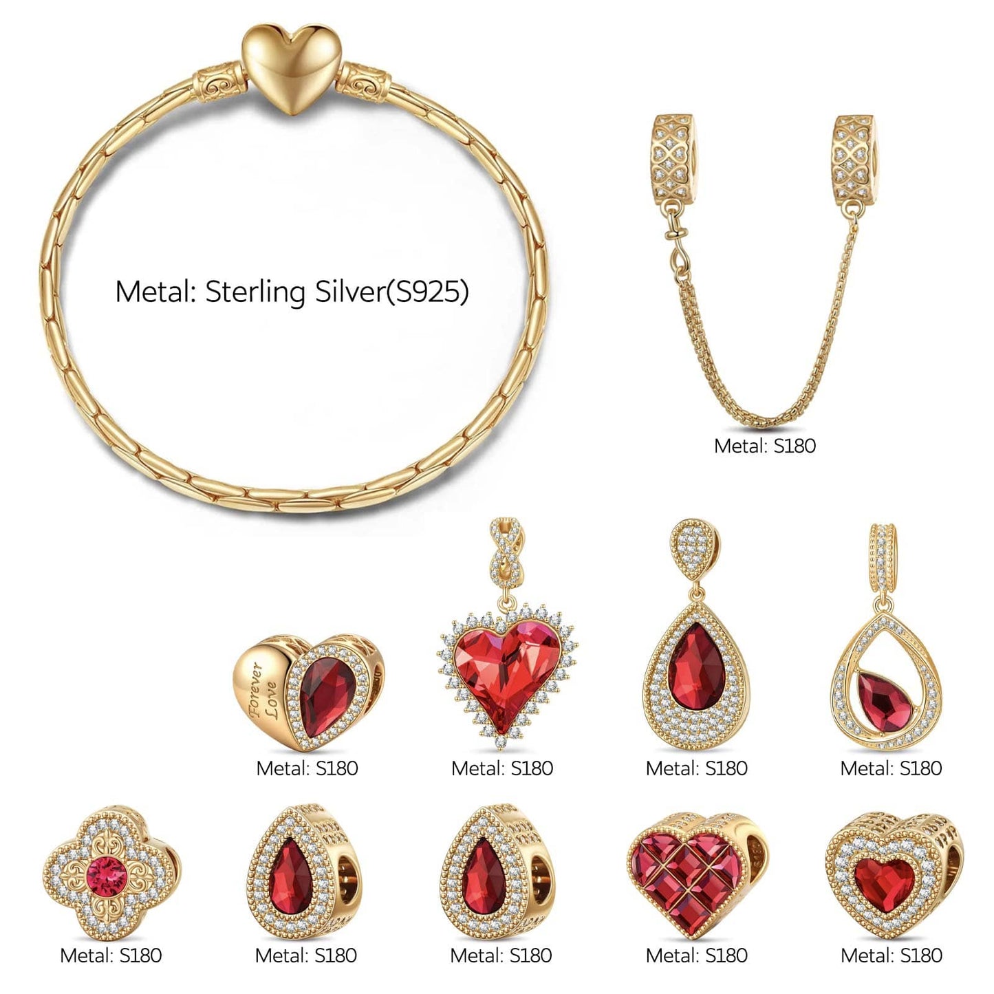 Sterling Silver Cherished Moments Charms Bracelet Set In 14K Gold Plated - Handcrafted with Swarovski® Crystals (Includes bracelet and all charms shown)