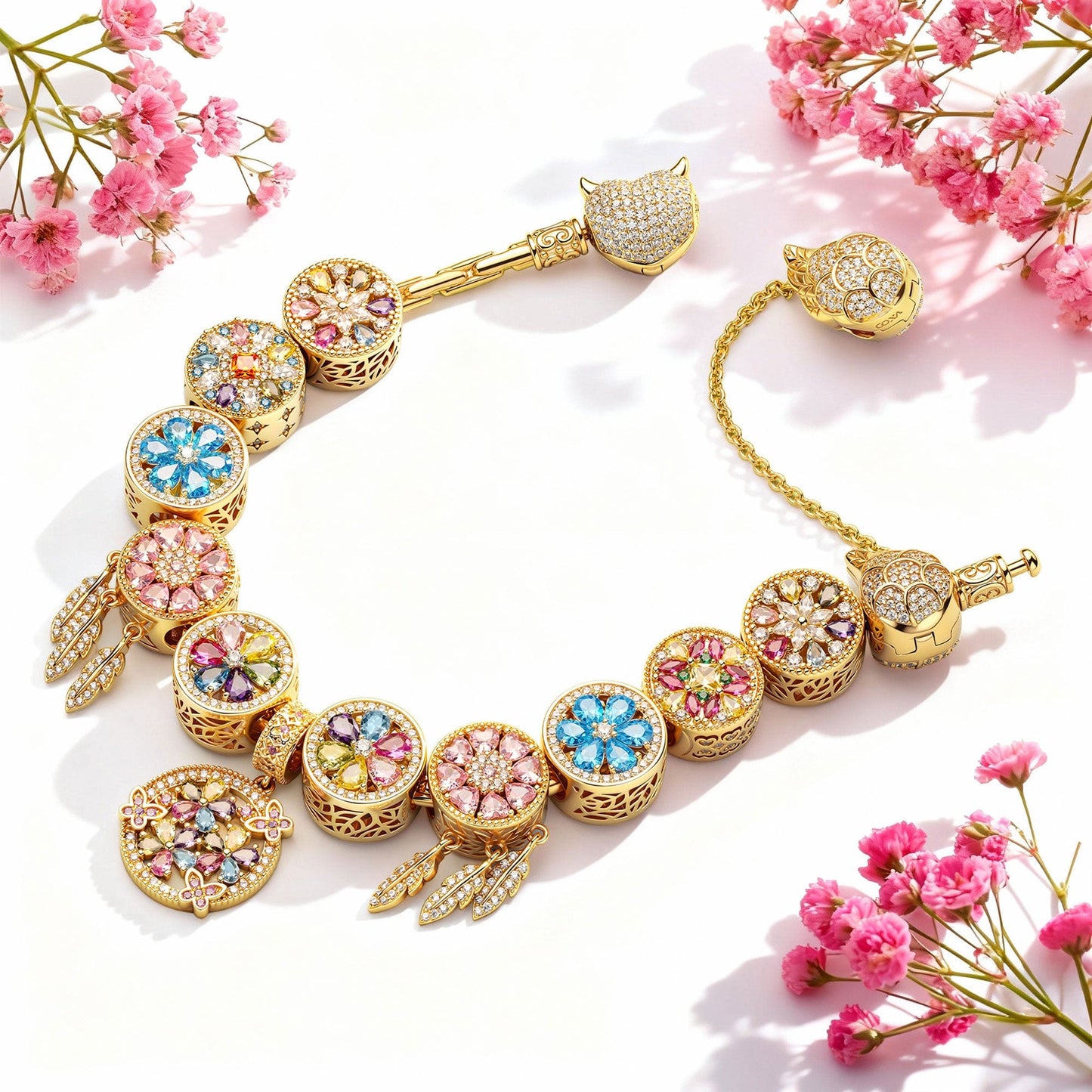 Sterling Silver Opulent Sparkle Charms Bracelet Set With Enamel In 14K Gold Plated (Includes bracelet and all charms shown)