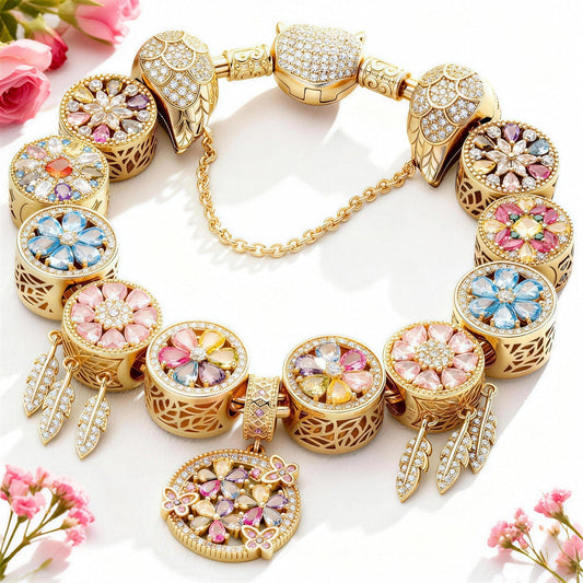 gona- Sterling Silver Opulent Sparkle Charms Bracelet Set With Enamel In 14K Gold Plated (Includes bracelet and all charms shown)